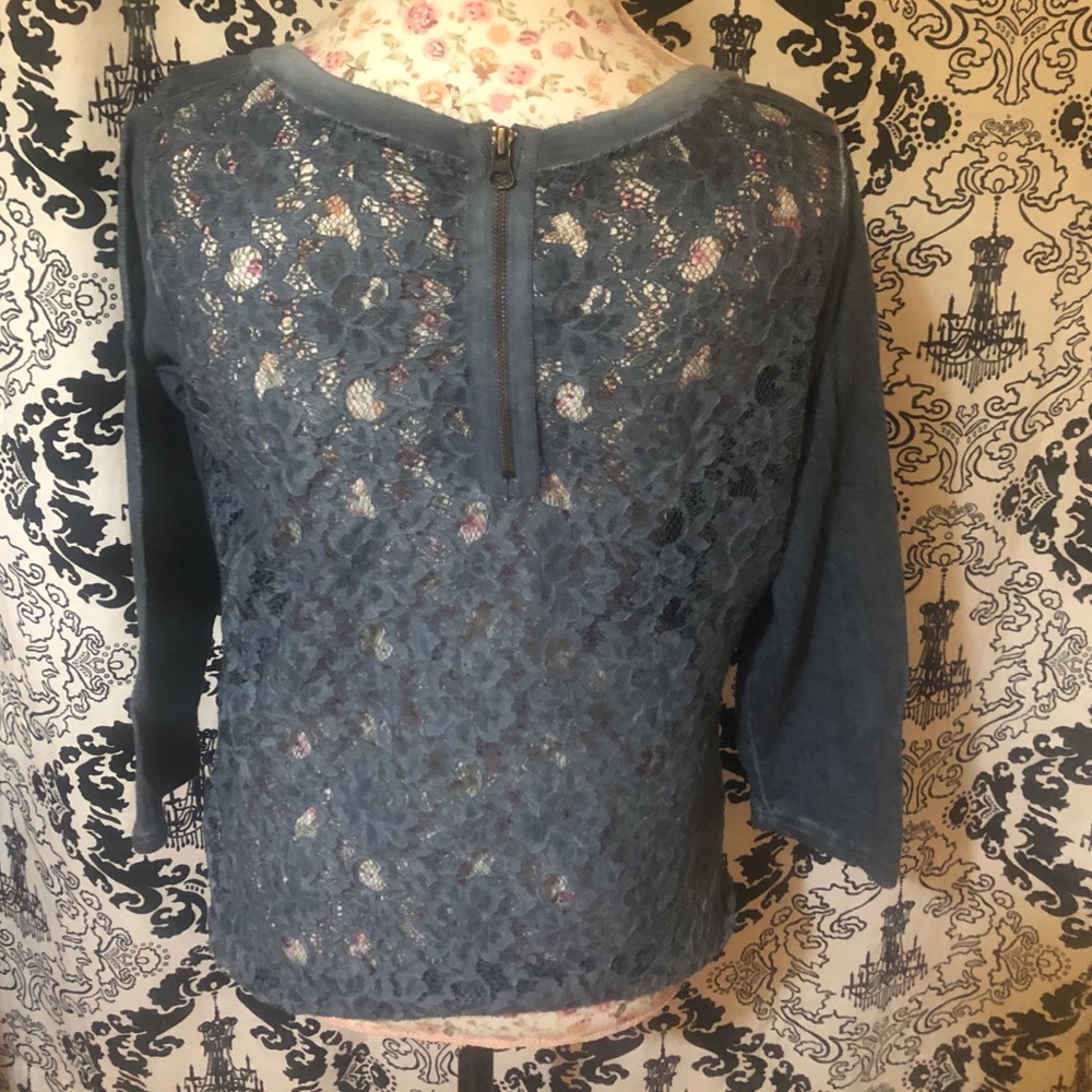Blue 3/4Sleeve Top with Lace Backing and Zipper